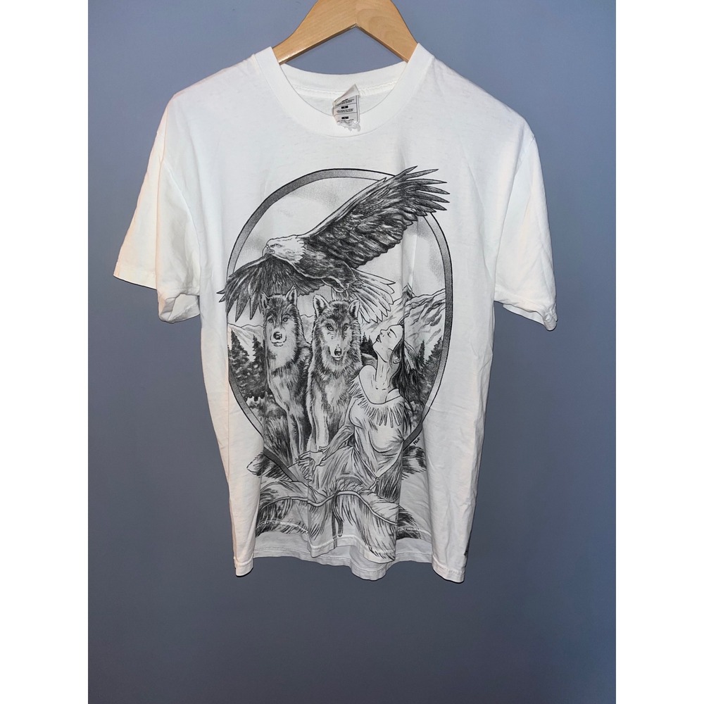Vintage Eagle‎ Wolf Native American Style Graphic T-Shirt Fruit of the Loom